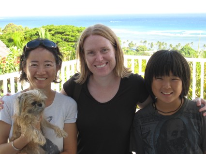 Bonnie Yamamoto (holding her tiny dog, Annie), me, and Bonnie's son Taigo